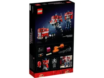 LEGO Icons 10302 Optimus Prime box back — robot mode, mid-transformation, and truck mode side-by-side