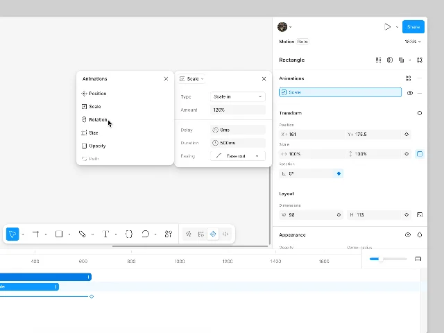 Preset animations dropdown in the Motion inspector panel — showing Position, Scale, Rotation, Size, Opacity, Path animation types, with a scale configuration card showing Type, Amount, Delay, Duration, Easing fields