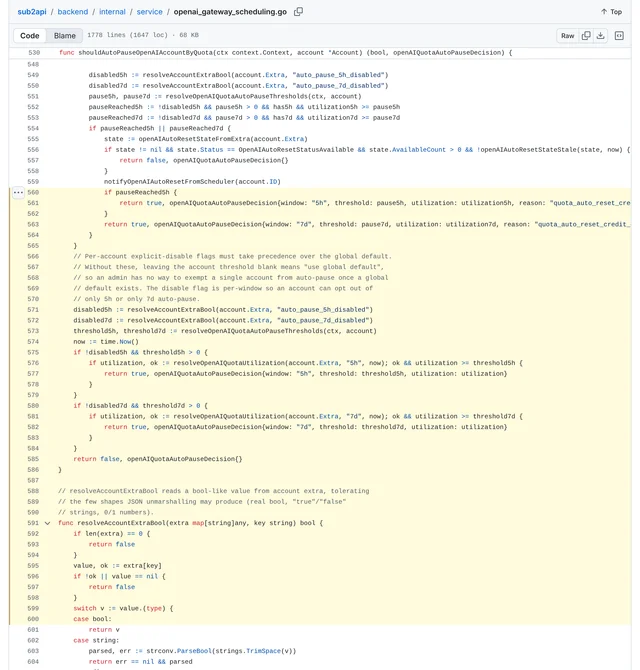 sub2api v0.2.16 openai_gateway_scheduling.go 第 560 到 600 行，含 per-account 暂停开关与 7d 阈值判定
