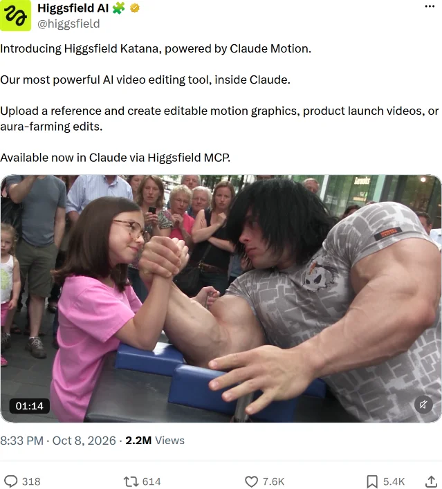 Higgsfield 在 X 上发布 Katana 的原帖，右下角写着 8:33 PM · Oct 8, 2026 和 2.2M Views