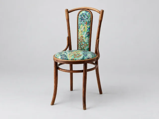 A studio photograph of a wooden chair whose seat and back panel are upholstered in a colourful floral print while its frame and legs stay bare wood