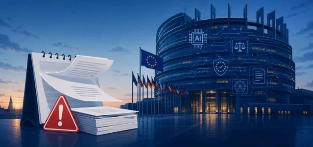 EU AI Act regulation update — EU Parliament building with AI governance visual indicators