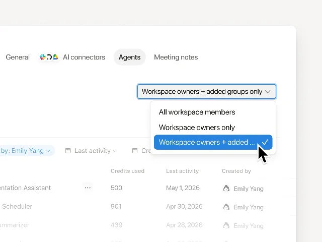 Notion Agents settings panel with permission dropdown open, showing three tiers — All workspace members, Workspace owners only, Workspace owners + added groups — with the third option selected and checked