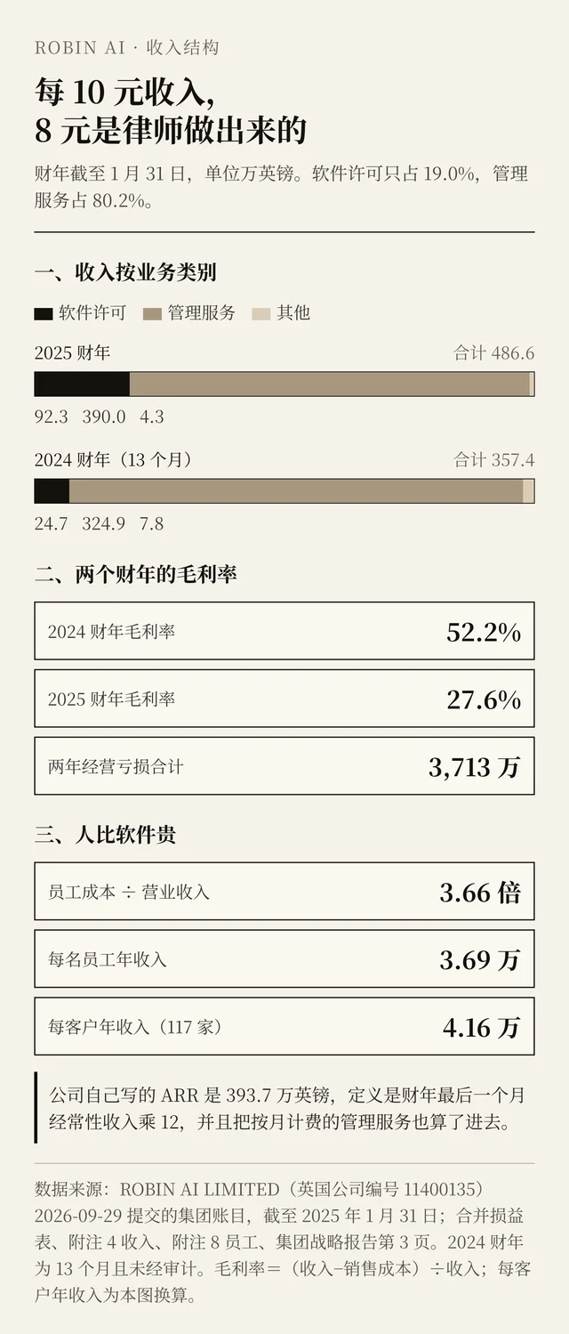 2024 与 2025 两个财年的收入按业务类别拆分，以及毛利率、员工成本与每员工收入