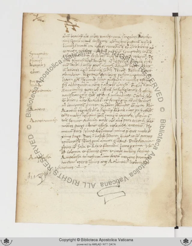 Folio 30v of Ott.lat.2848, the final page of De Chorographia, showing marginal place-name annotations alongside the main text in the first scribal hand