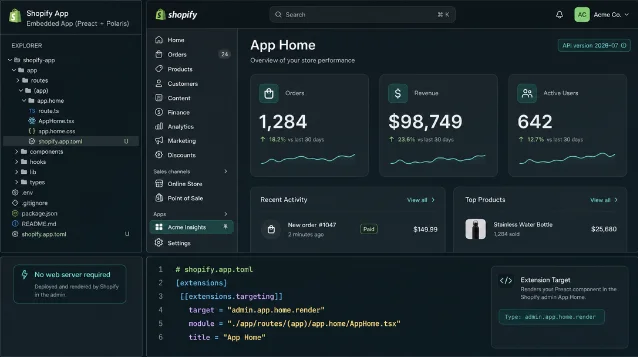 Concept diagram showing a Shopify App Home UI Extension built with Preact — admin panel on left, component layout on right, no web server in the architecture