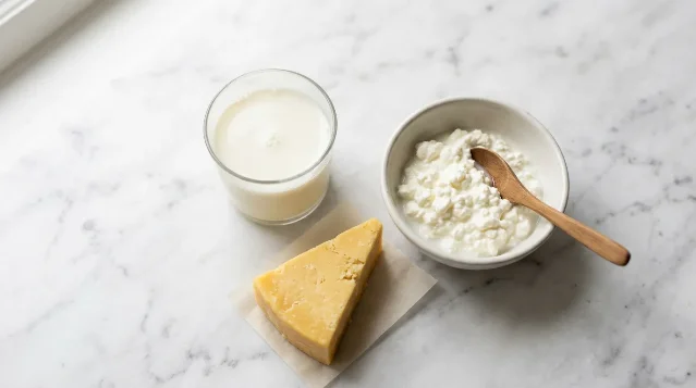 A glass of whole milk, a wedge of aged cheese, and a bowl of cottage cheese arranged on white marble