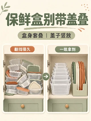 保鲜盒别带盖叠，盒身套叠盖子竖放