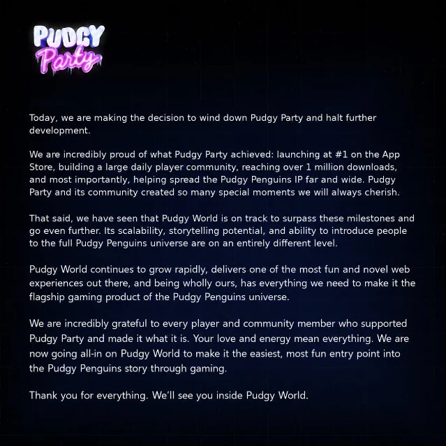 Pudgy Party official shutdown announcement posted on X/Twitter on June 12, 2026