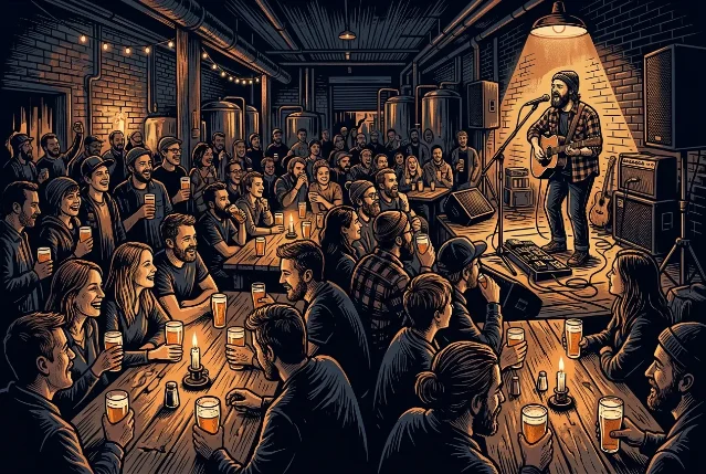 Inside a packed brewery tap room at night — crowd at long wooden tables with pint glasses catching candlelight, a single performer with guitar and pedal board lit from above at the far end of the room, brewery tanks visible in the background