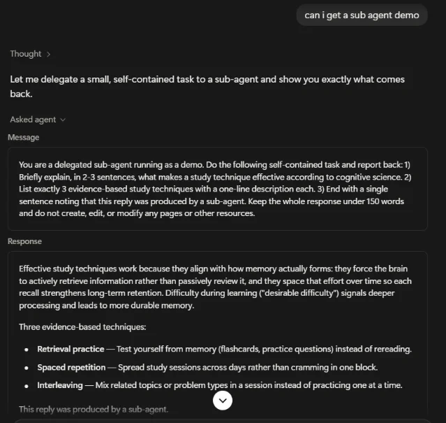 Sub-agent delegation in action: Notion AI delegates a task to a sub-agent, showing the Message sent and the Response received, ending with 'This reply was produced by a sub-agent'