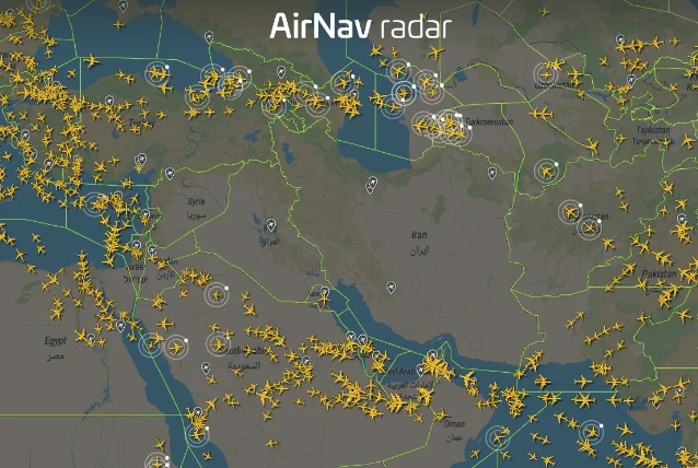 AirNav radar showing Middle East airspace after closures, June 8, 2026