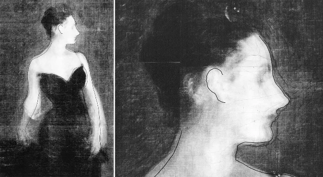 X-radiograph diptych from the Metropolitan Museum's 1995 technical examination. Left: torso section, revealing the original fallen strap and multiple adjustments to the bodice. Right: head section, showing significant repositioning of the ear and earlier profile contours