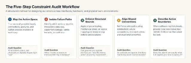 The five-step constraint audit workflow from mapping action space to describing active boundaries