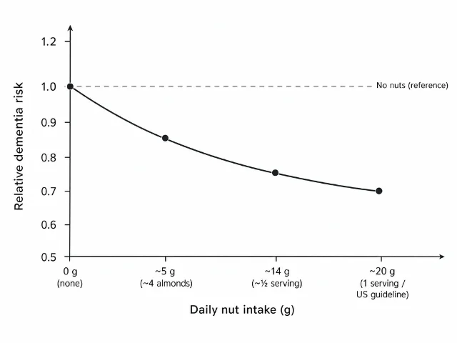 Schematic dose-response diagram: relative dementia risk on the y-axis (reference 1.0 = no nuts) plotted against daily nut intake in grams, with labeled points at 0 g, ~5 g (~4 almonds), ~14 g (~half serving), and ~20 g (1 serving / US guideline) — curve descends from 1.0 to approximately 0.70