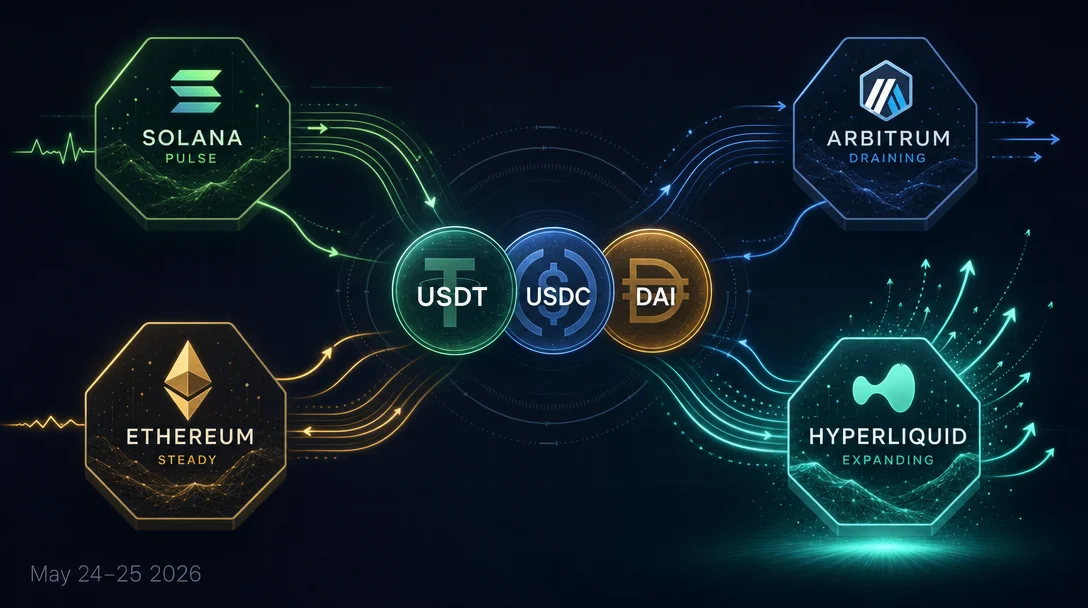 Stablecoin liquidity daily (May 24–25): Solana USDT reverses, Arbitrum USDC sheds $68M, issuers stay quiet at day 15