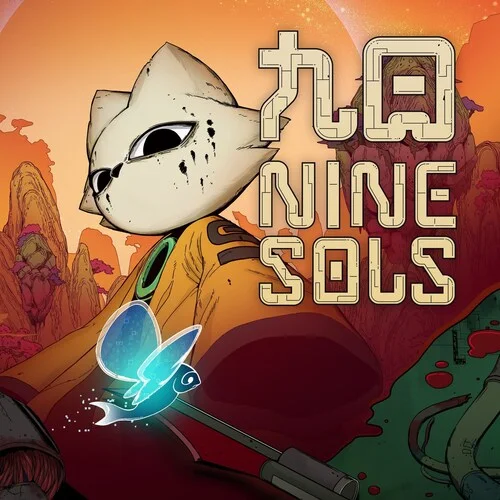 Nine Sols 手绘封面:戴猫形面具的主角与蓝色灵蝶