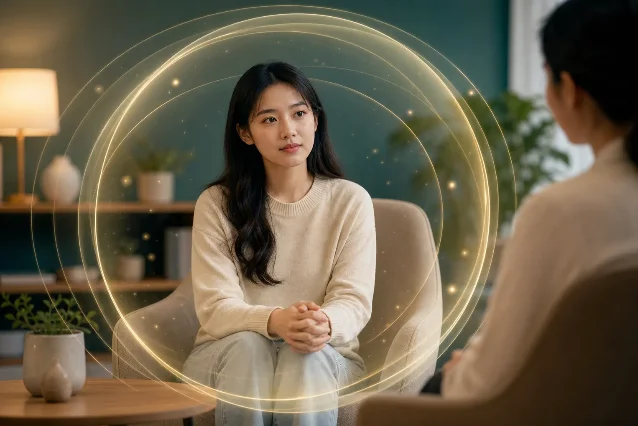 中国年轻人在安静咨询空间中被半透明保护环包围,象征心理对话的隐私边界