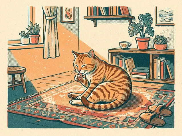 猫在午后阳光里舔毛