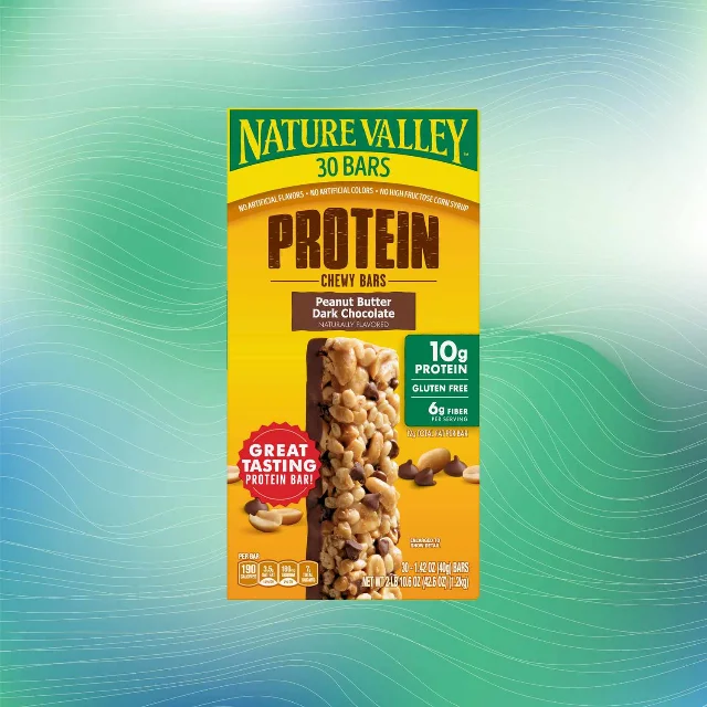 Nature Valley Protein Bars box, Peanut Butter Dark Chocolate, 30-count, labeled 10g Protein and Gluten Free