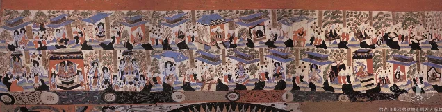 第 303 窟西披《普门品》局部，叙事段落沿坡面连续展开