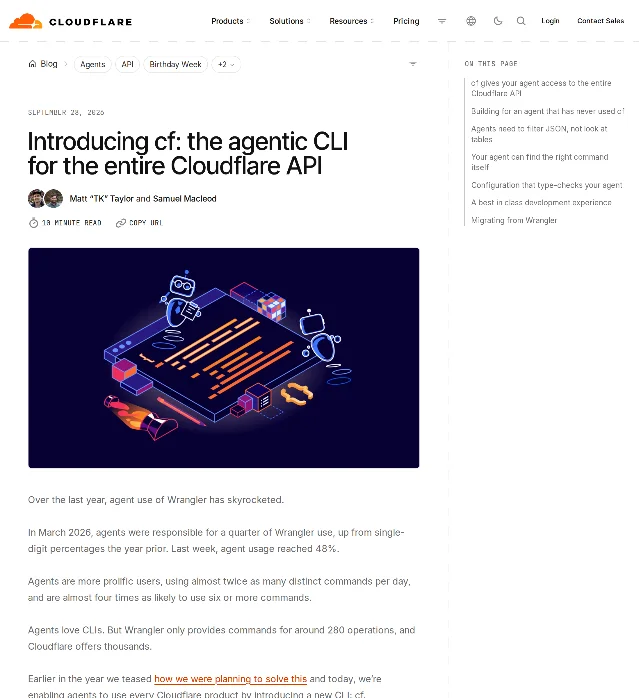 Cloudflare 博客「Introducing cf: the agentic CLI for the entire Cloudflare API」页面截图,日期为 2026 年 9 月 28 日