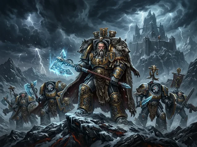 Logan Grimnar, Great Wolf of the Space Wolves, with his axe Morkai and Wolf Guard before the Fang