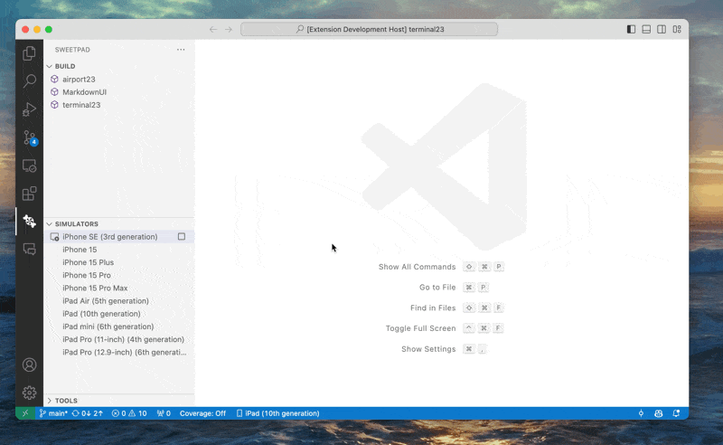 SweetPad building and launching an iOS app to the simulator from VS Code