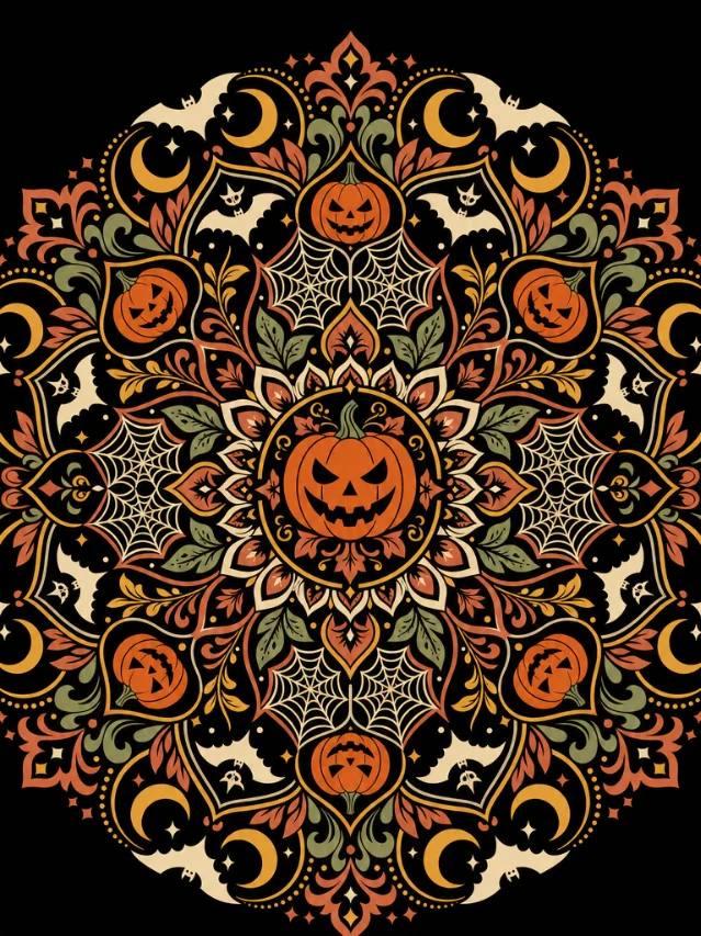 Boho Halloween mandala design concept — pumpkin, bats, crescent moons in radial symmetry