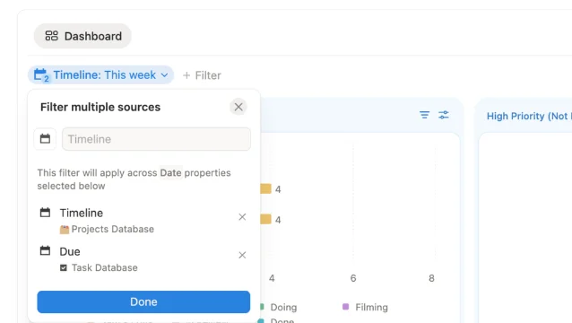 Global filter dialog showing cross-database filter fields: Timeline property from a Projects database and Due property from a Tasks database, both filtered to "This Week"