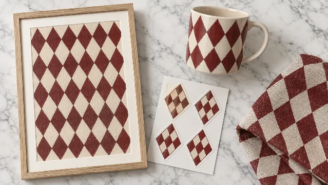 Framed harlequin diamond lattice print in oxblood and cream with a matching mug, lattice stickers and a folded woven swatch on marble