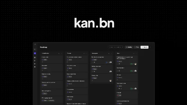 Kan kanban board interface showing the product roadmap view in dark mode