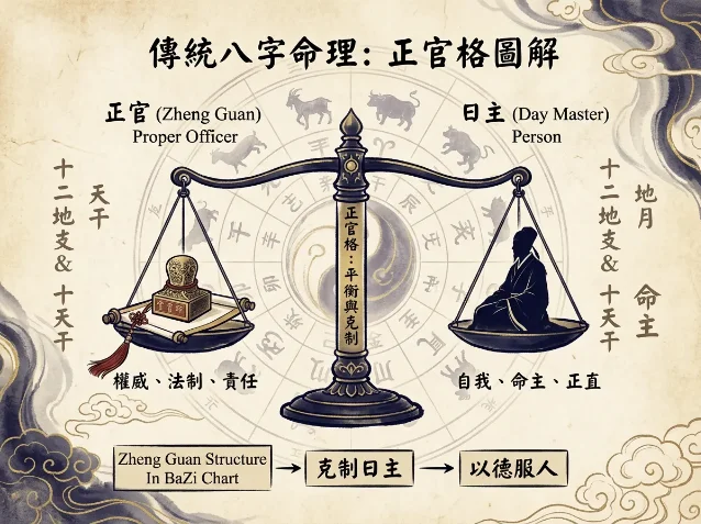 正官格结构图解:权威与日主的克制平衡