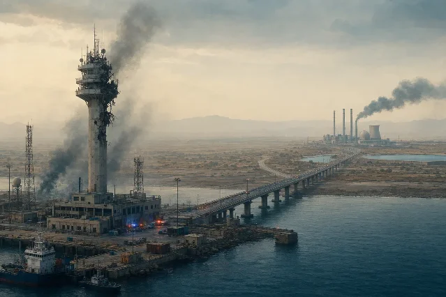A damaged observation tower, bridge and power-and-water complex on a Gulf coast, an editorial illustration of infrastructure risk
