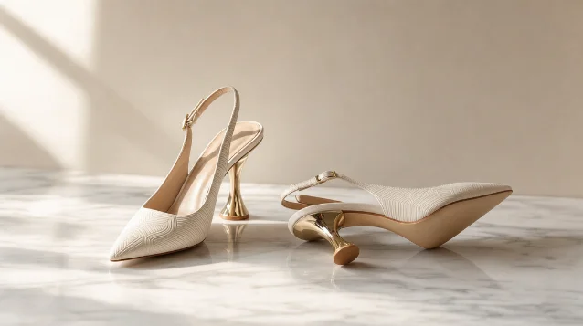 Ivory slingback pumps with sculptural gold heels on a marble surface, editorial product still-life