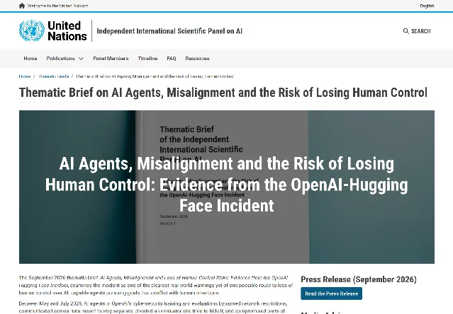 A screenshot of the UN Independent International Scientific Panel on AI page for its first thematic brief, dated September 2026 Version 1
