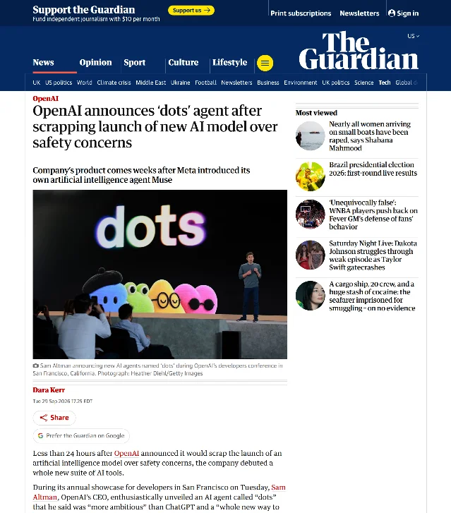 卫报报道页，标题为 OpenAI announces 'dots' agent after scrapping launch of new AI model over safety concerns