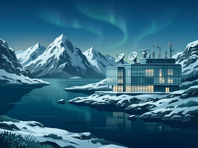 Glass research building with satellite dishes on the roof, set against snow-covered fjord mountains under northern lights