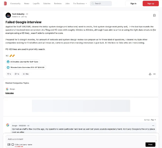 Blind post titled "Failed Google interview" showing the poster's Salesforce badge, a 4d age marker, the body text describing random shuffling and KD tree rounds, and counters of 5 likes, 15 comments and 455 views, with a comment from a Google employee below