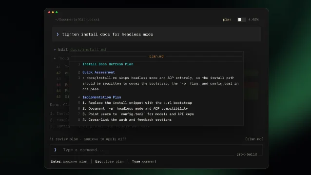 PCMag 截图:Grok Build 在终端展示代码修改计划