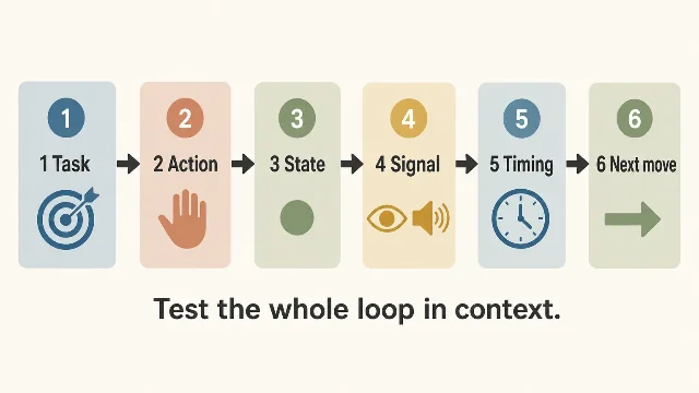 Six stations move from task and action to state, signal, timing, and next move