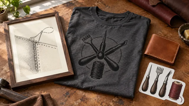 AI-generated product concept: a framed saddle-stitch plate, a printed tee and a leatherworking sticker sheet on a leather mat