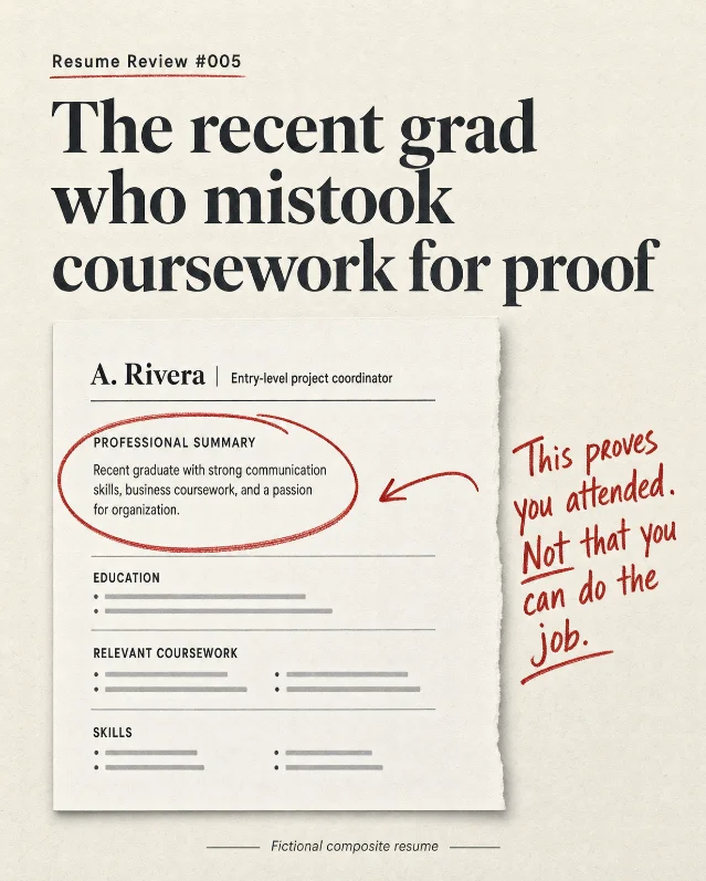 Resume Review #005 — The Recent Grad Who Mistook Coursework for Proof