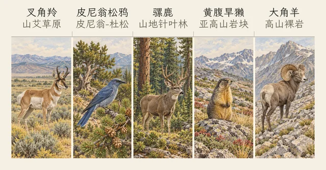 五个海拔带的代表动物