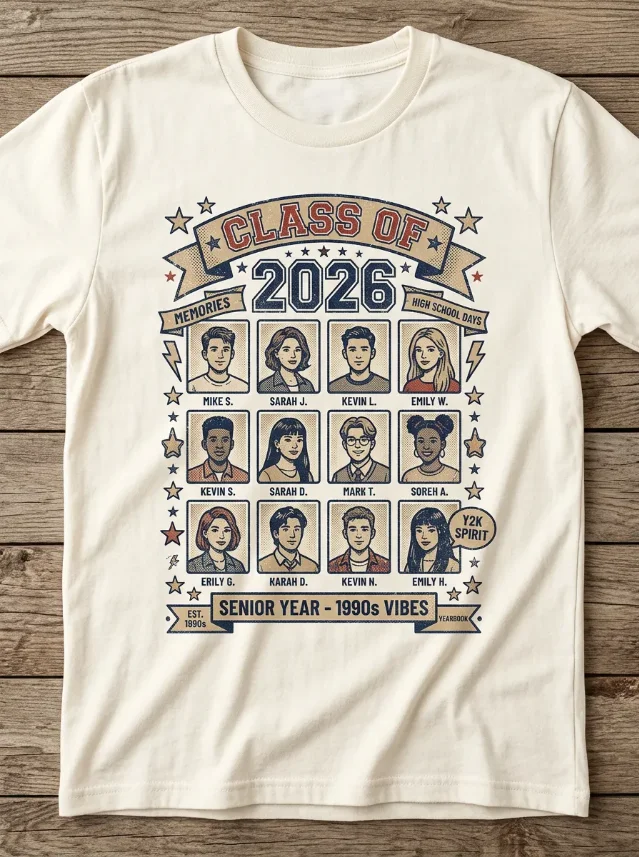AI-generated design concept: '90s yearbook aesthetic t-shirt — portrait grid layout, retro halftone, varsity banner, warm cream tee mockup