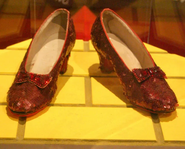 The ruby slippers in their display case at the National Museum of American History, photographed in October 2009 before the 2016–18 conservation treatment.