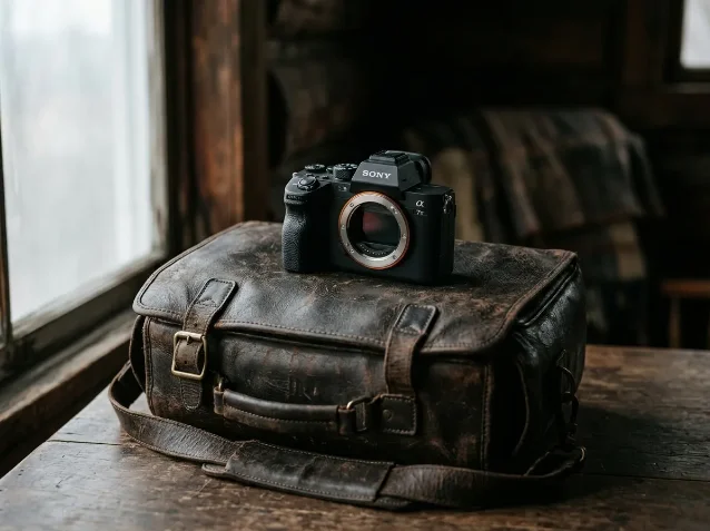 Sony Alpha mirrorless camera body on worn leather bag, overcast window light