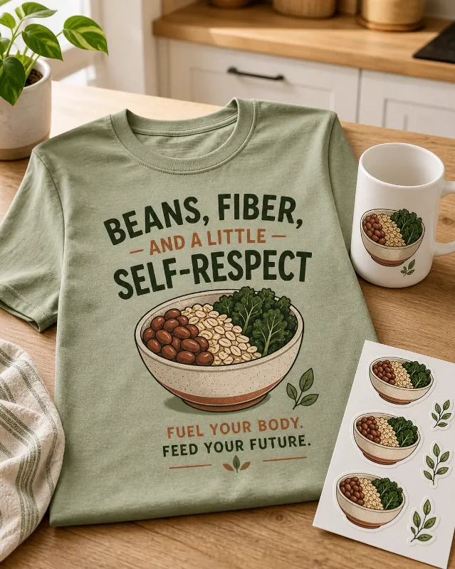 Fibermaxxing product concept — sage tee with bean bowl graphic, mug, and sticker sheet on wood table