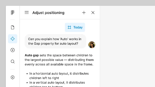 How-to Q&A mode — user asks "How do I use auto layout?" in the agent chat, and the agent returns a Help Center–sourced explanation without leaving the canvas
