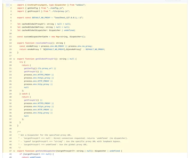 一段 TypeScript 源码,第 1 到 47 行被浅黄色高亮